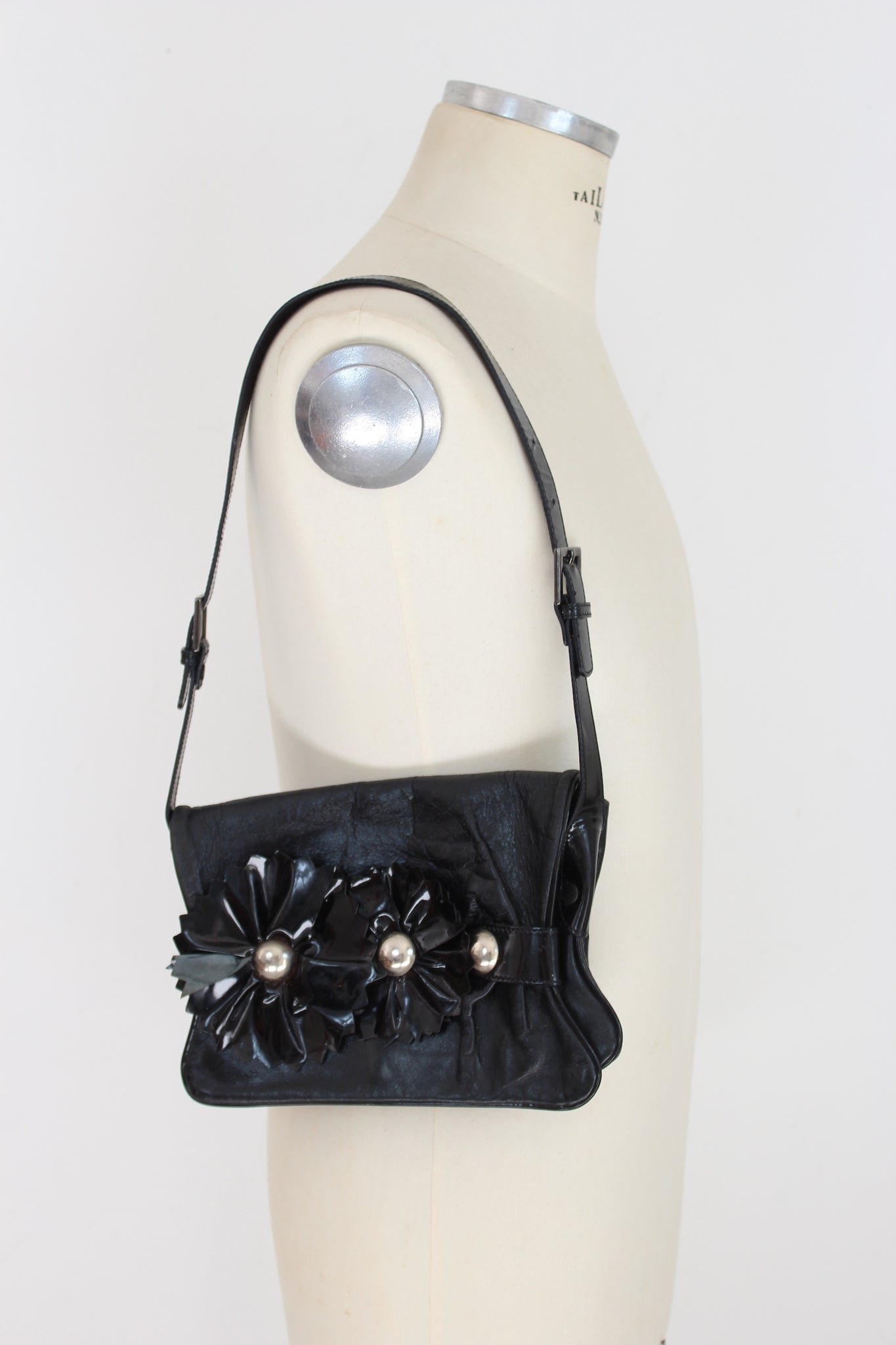 Moschino Black Leather Vintage Flower Bag