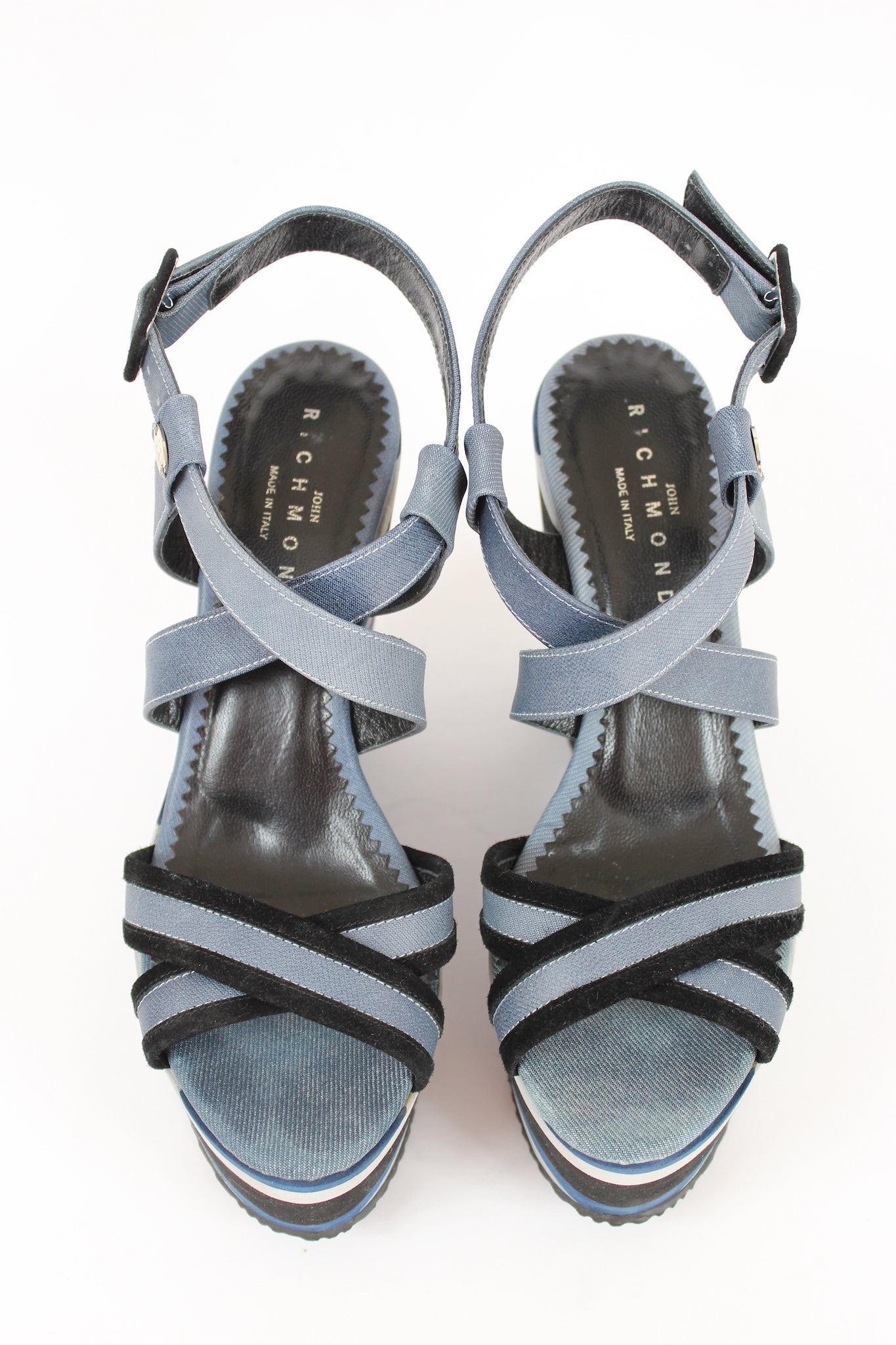 Richmond Blue Black Pinstripe Denim Wedge Shoes