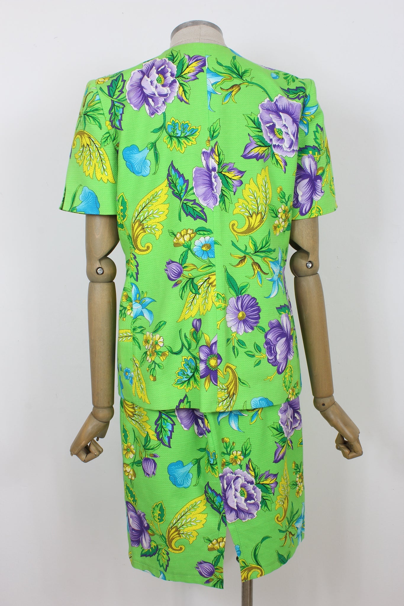 Gai Mattiolo Green Cotton Floral Vintage Skirt Suit 90s