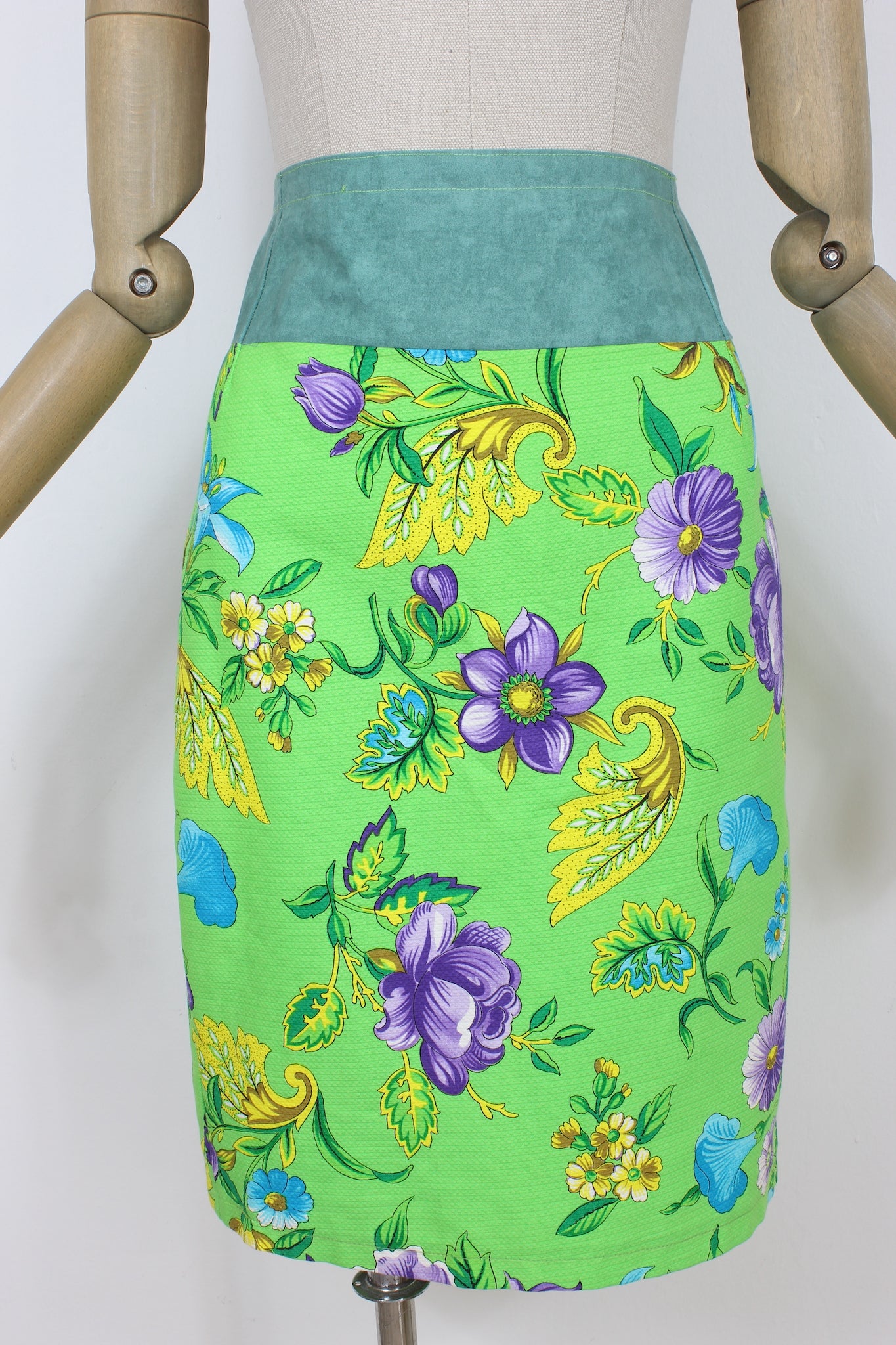 Gai Mattiolo Green Cotton Floral Vintage Skirt Suit 90s