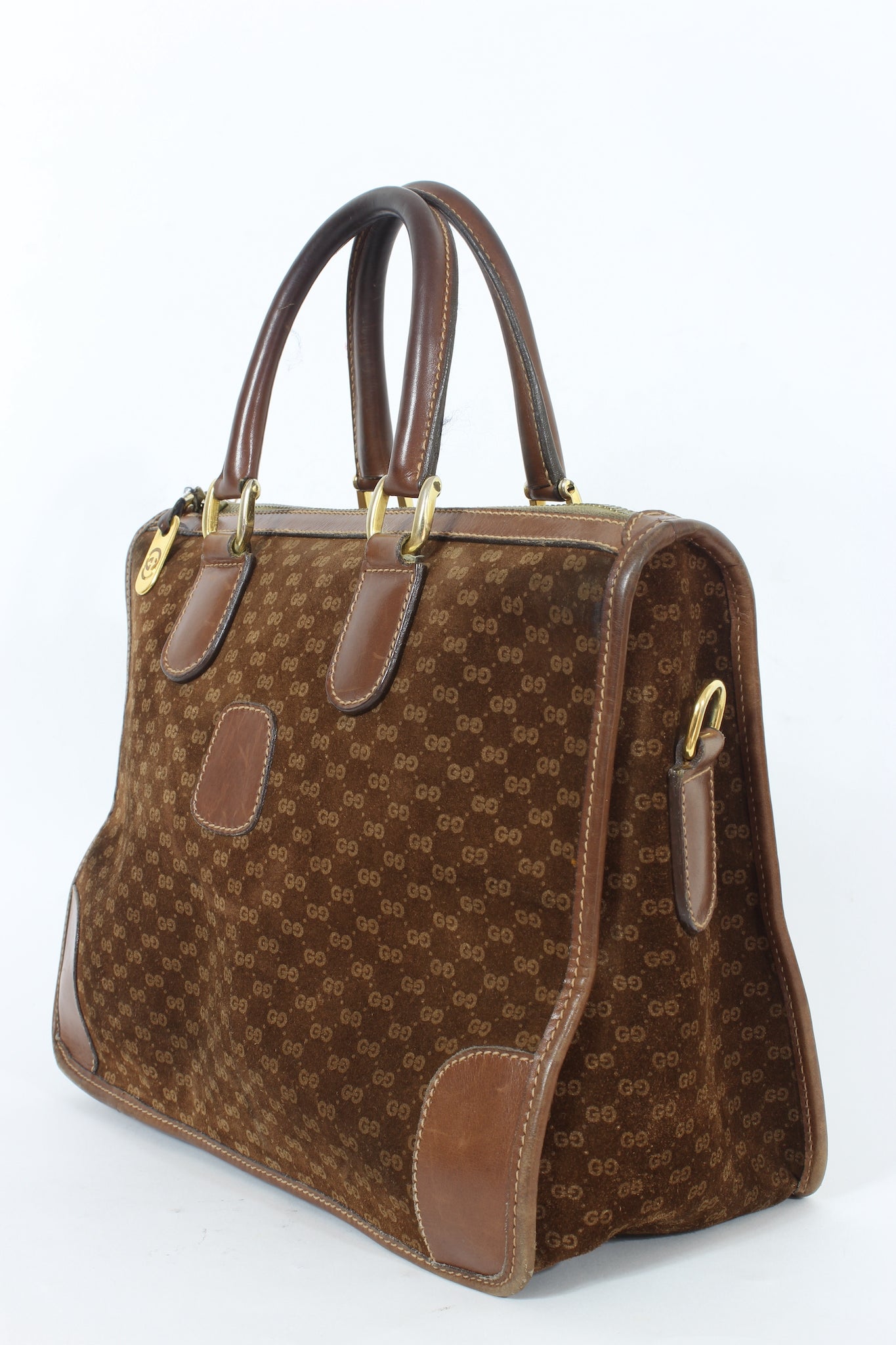 Gucci Brown Suede Leather Monogram Vintage Bag 70s
