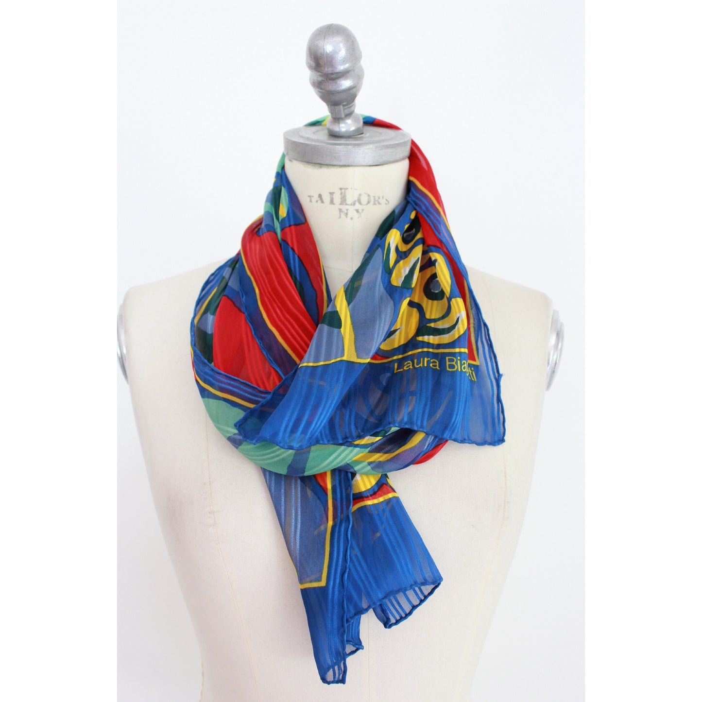 Biagiotti Blue Red Floral Vintage Scarf 1990s