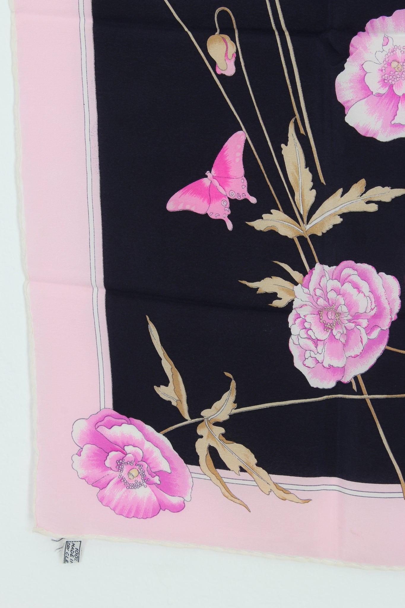 Leonard Paris Black Pink Silk Floral Vintage Scarf 80s
