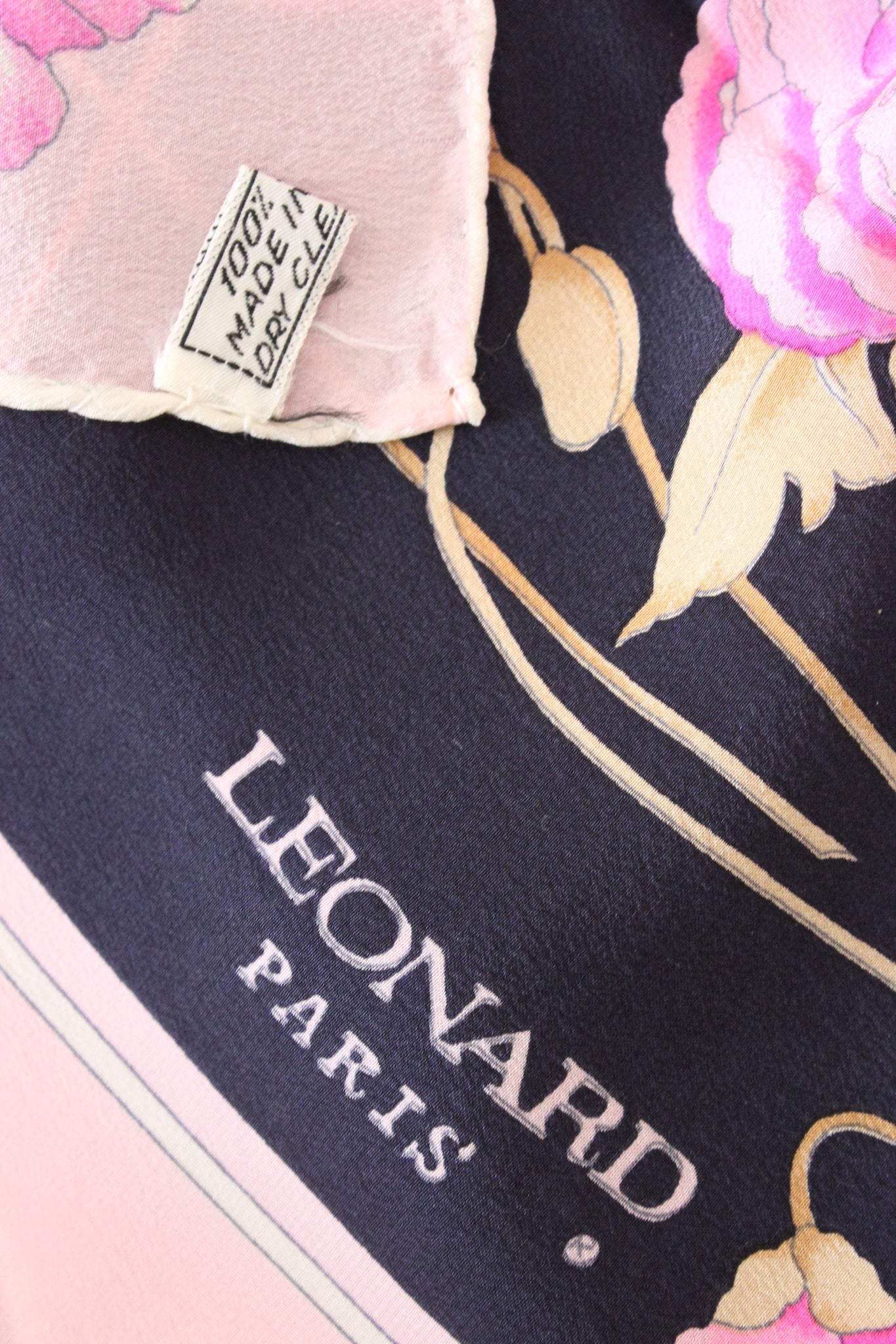 Leonard Paris Black Pink Silk Floral Vintage Scarf 80s