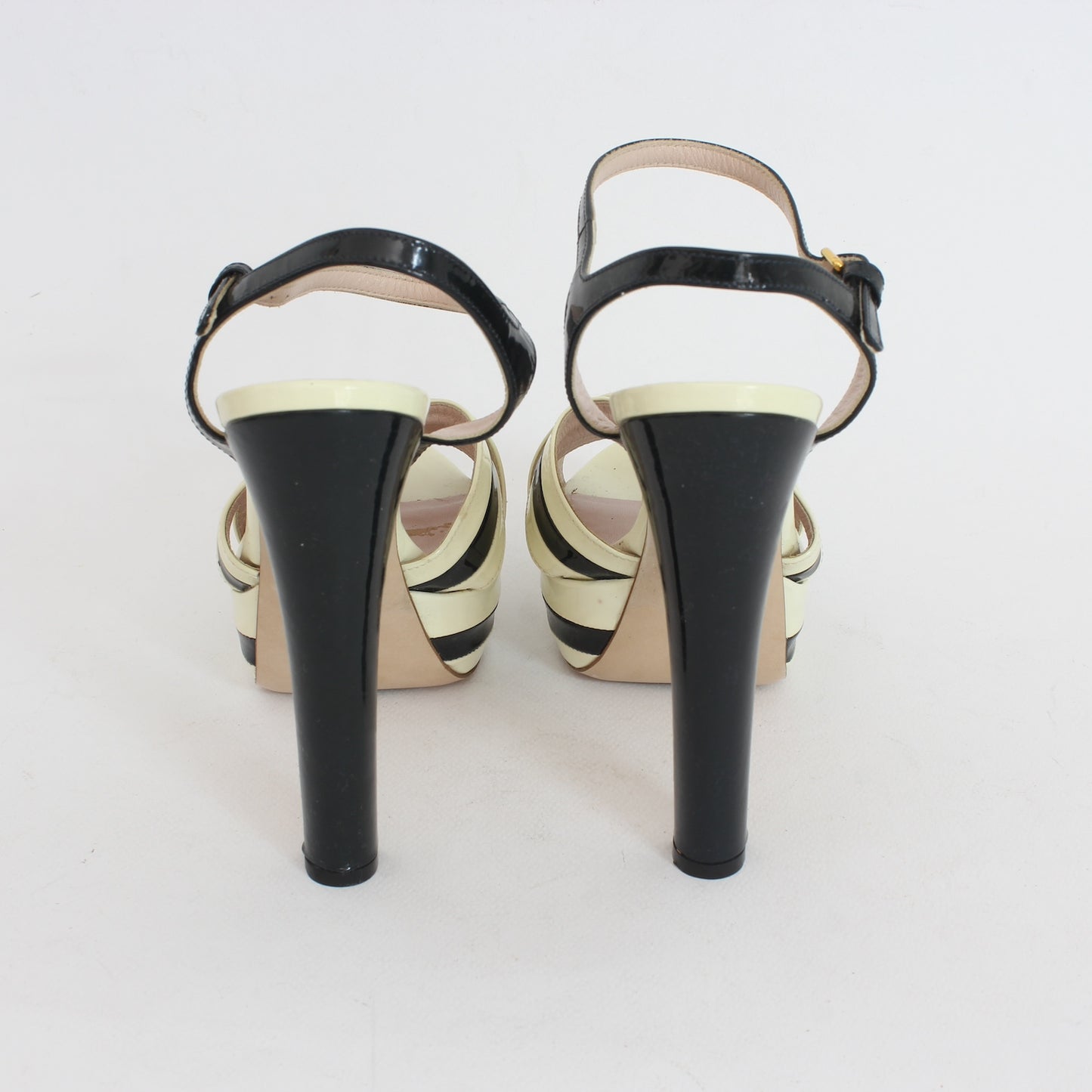 Miu Miu Beige Black Patent Leather Sandals Heel Shoes 2000s
