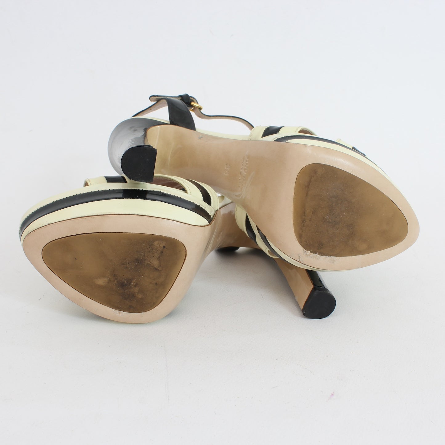 Miu Miu Beige Black Patent Leather Sandals Heel Shoes 2000s