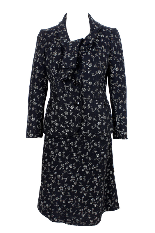 Moschino Black Wool Floral Vintage Skirt Suit 1990s