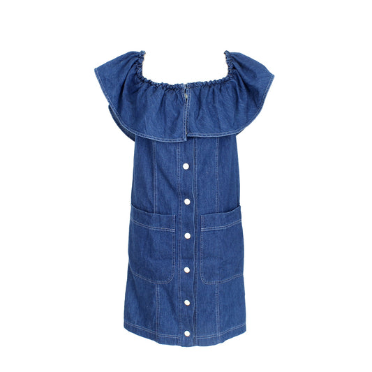 Moschino Blue Cotton Denim Rouches Dress Vintage 1980s