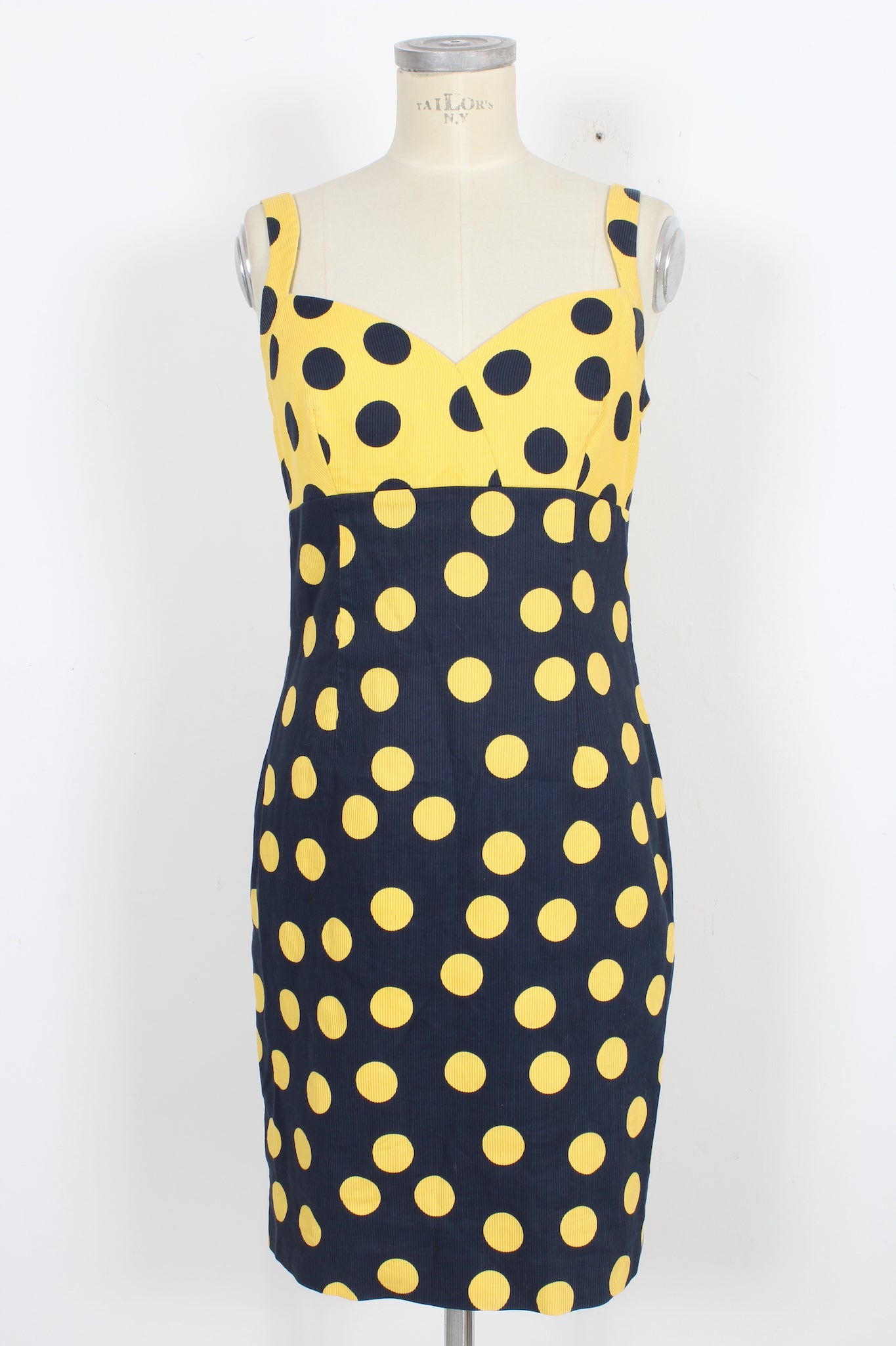 Pancaldi Yellow Blue Cotton Vintage Polka Dot Dress 1980s
