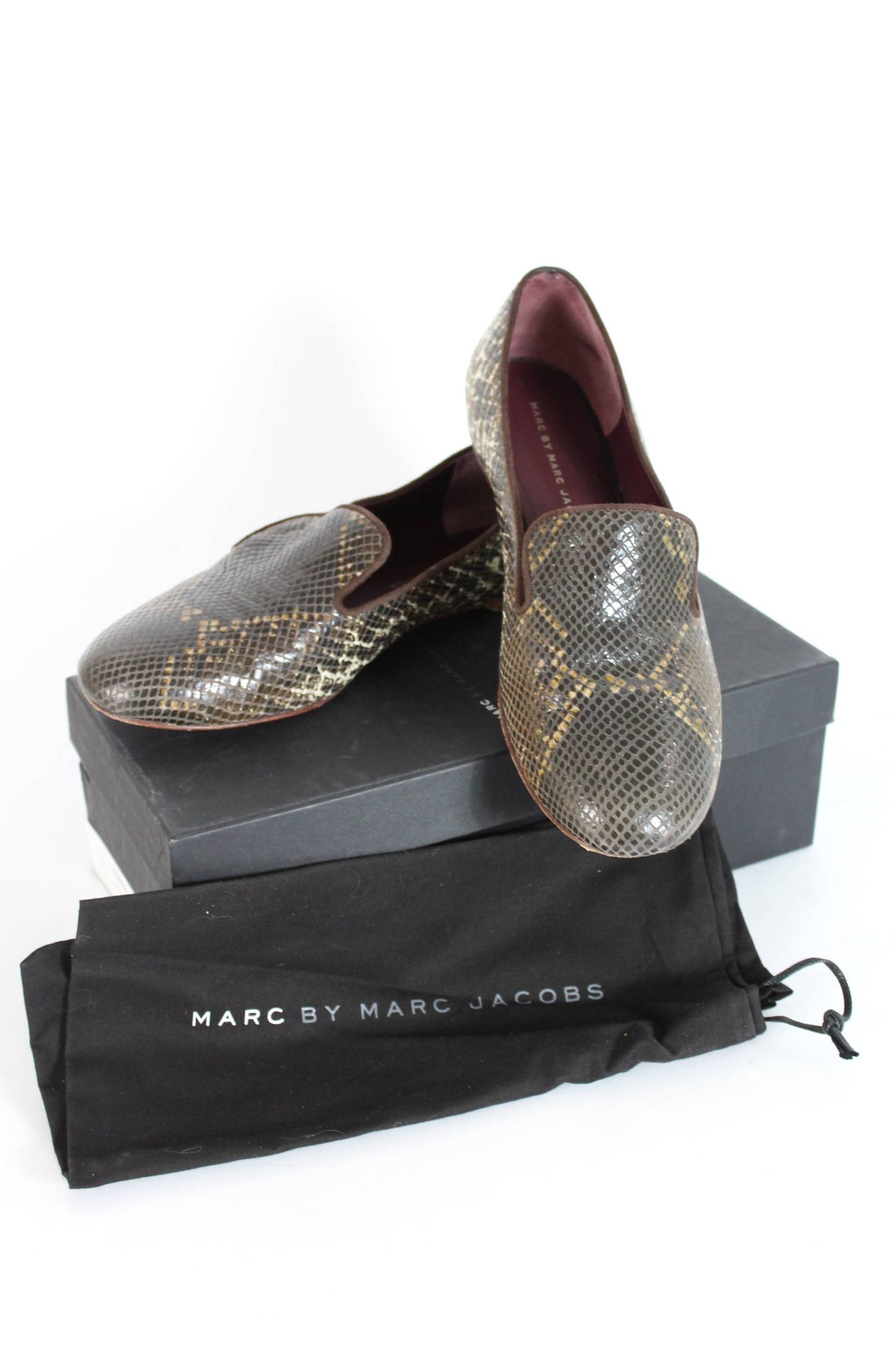 Marc Jacobs Leather Python Brown Beige Flats Slip On Shoes