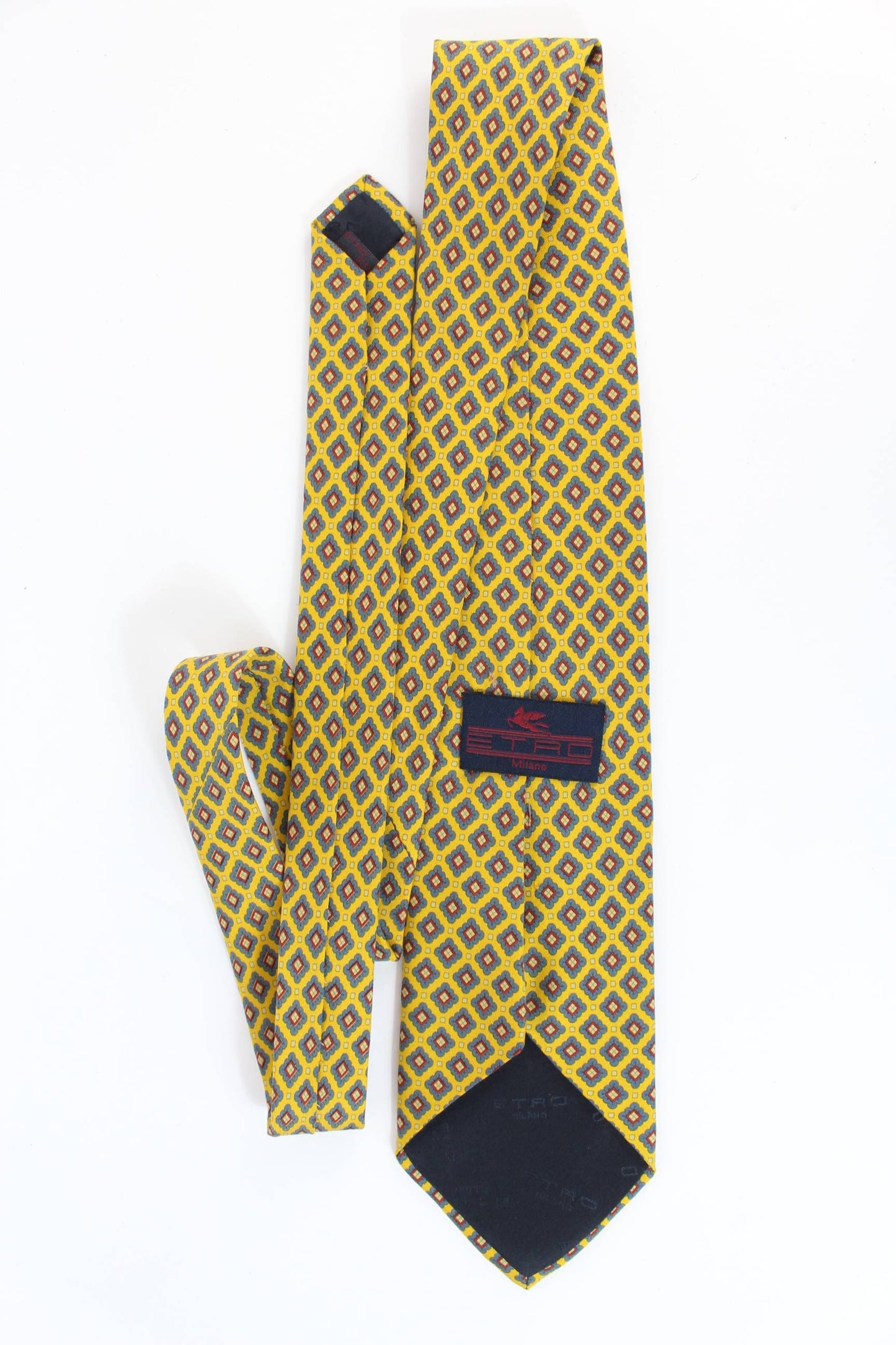 Etro Cravatta Vintage Seta Quadri Gialla Blu