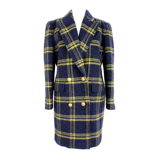 Valentino Vintage Double Breasted Coat Wool Check Blue Yellow