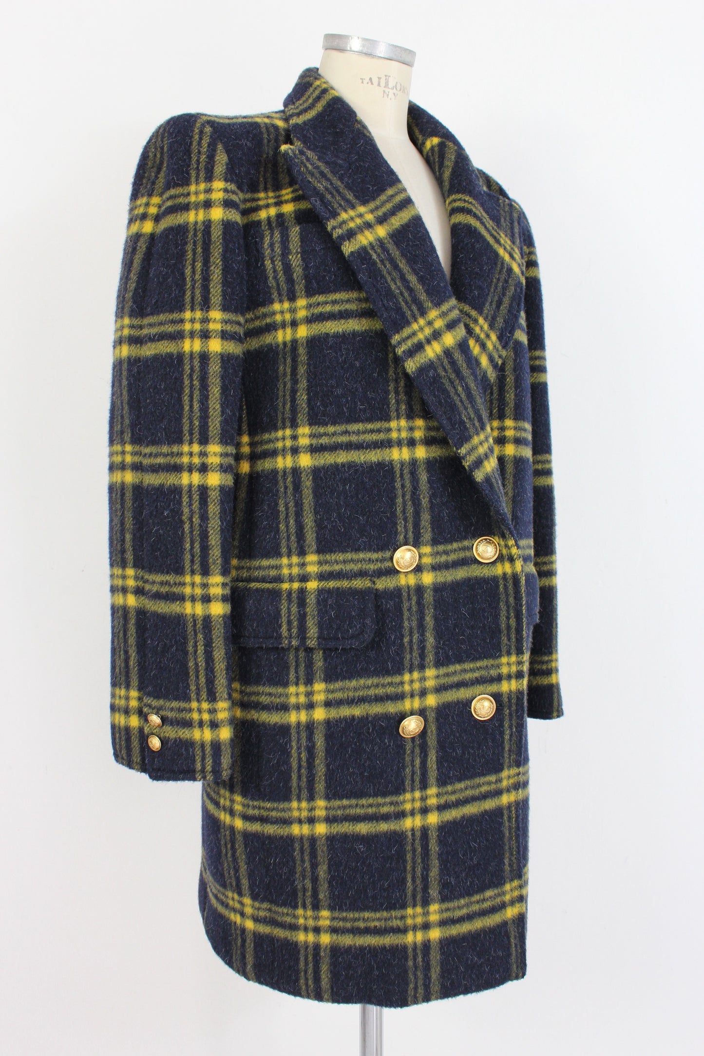 Valentino Wool Check Blue Yellow Double Breasted Vintage Coat