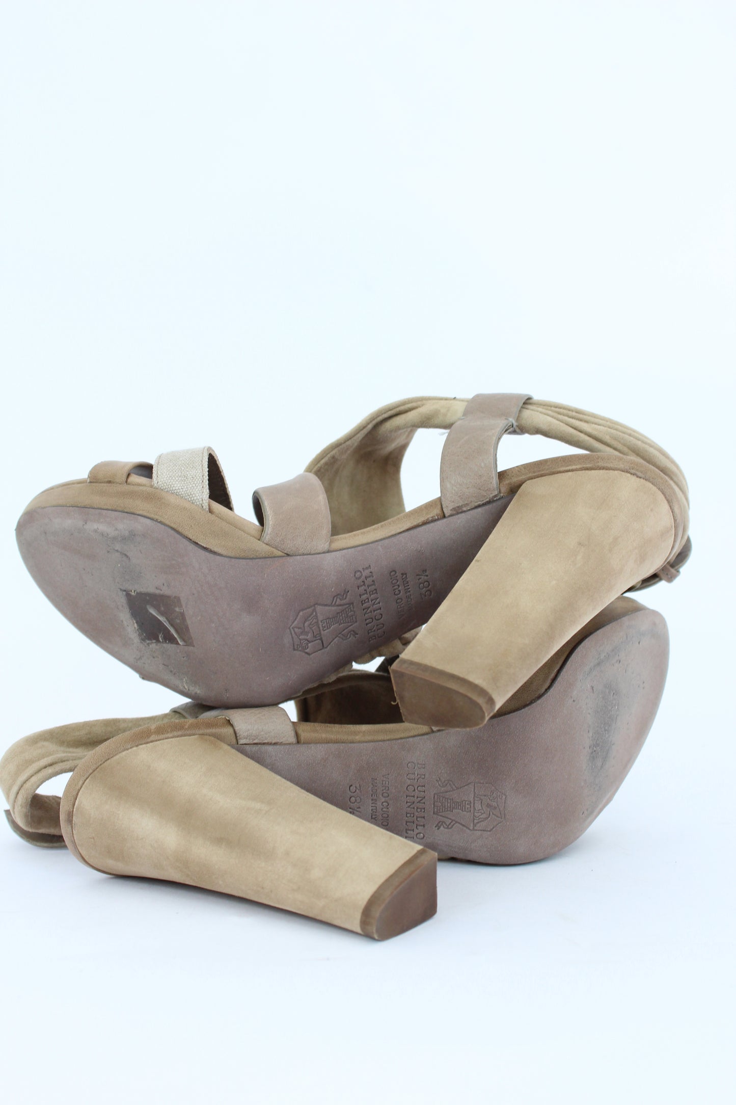 Brunello Cucinelli Beige Suede Leather Sandals Heels Shoes