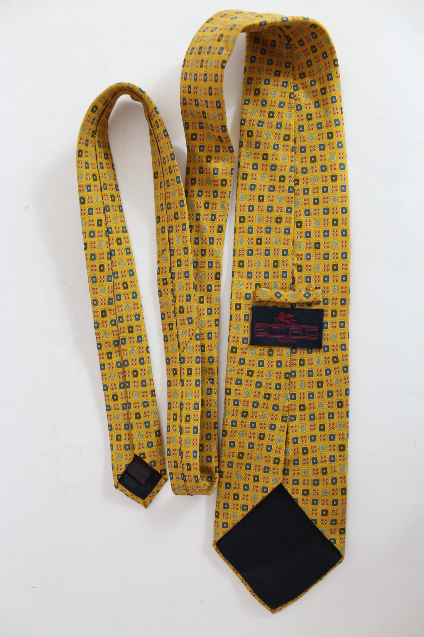 Etro Cravatta Quadri Vintage Seta Giallo Rosso