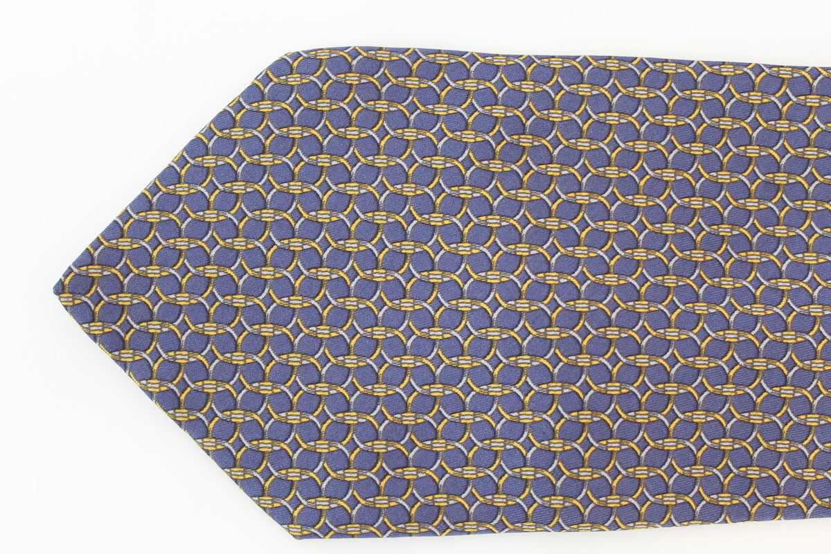 Etro Cravatta Geometrica Vintage Blu Seta Gialla
