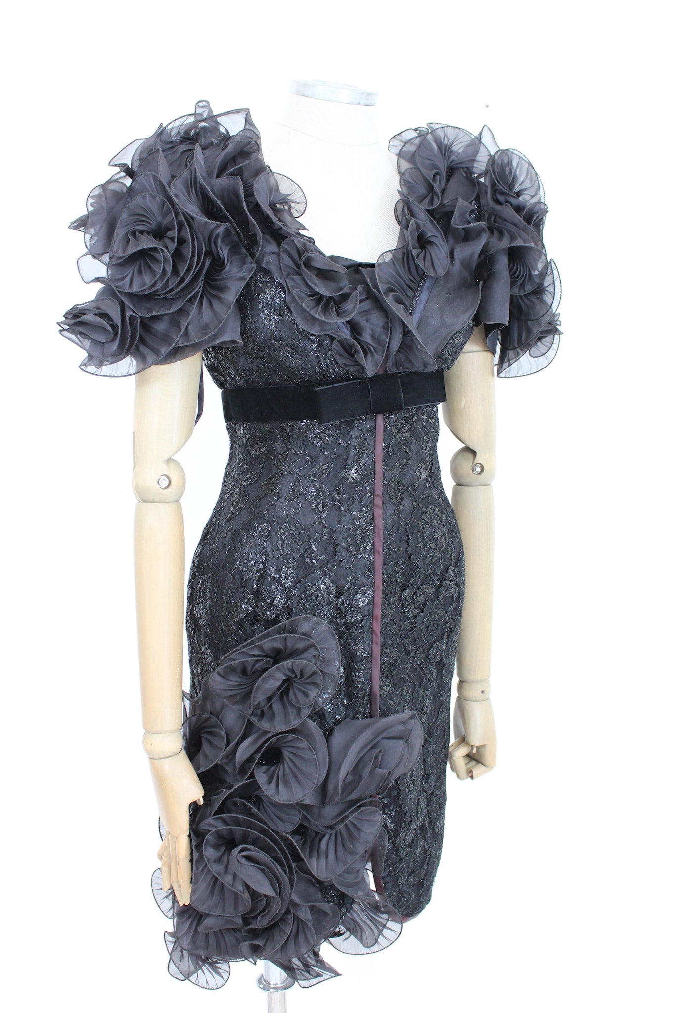 Luciano Sarli Silk Rouches Lace Black Vintage Evening Dress