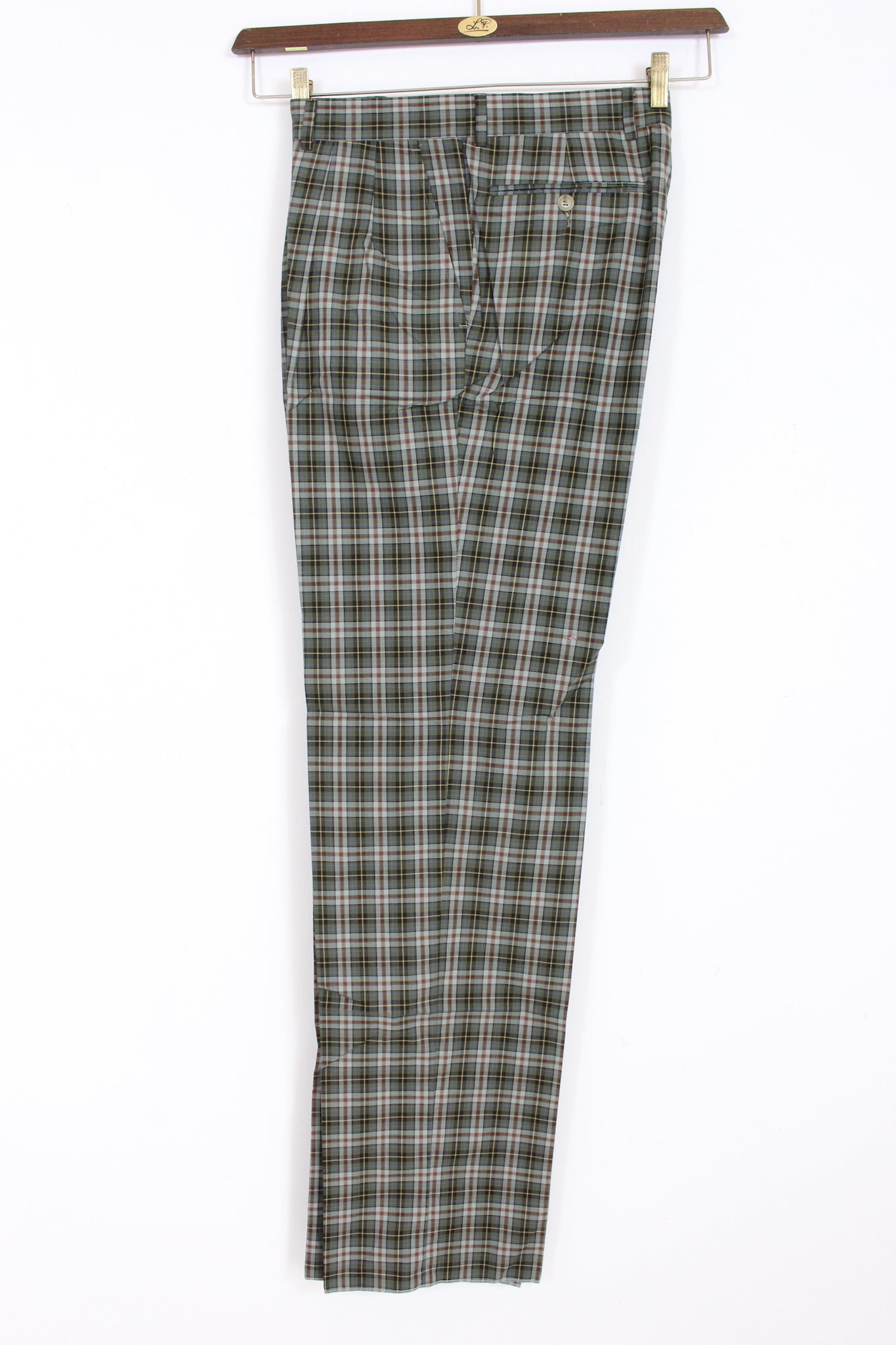 Faconnable Gray Green Cotton Vintage 90s Check Trousers Sz 32