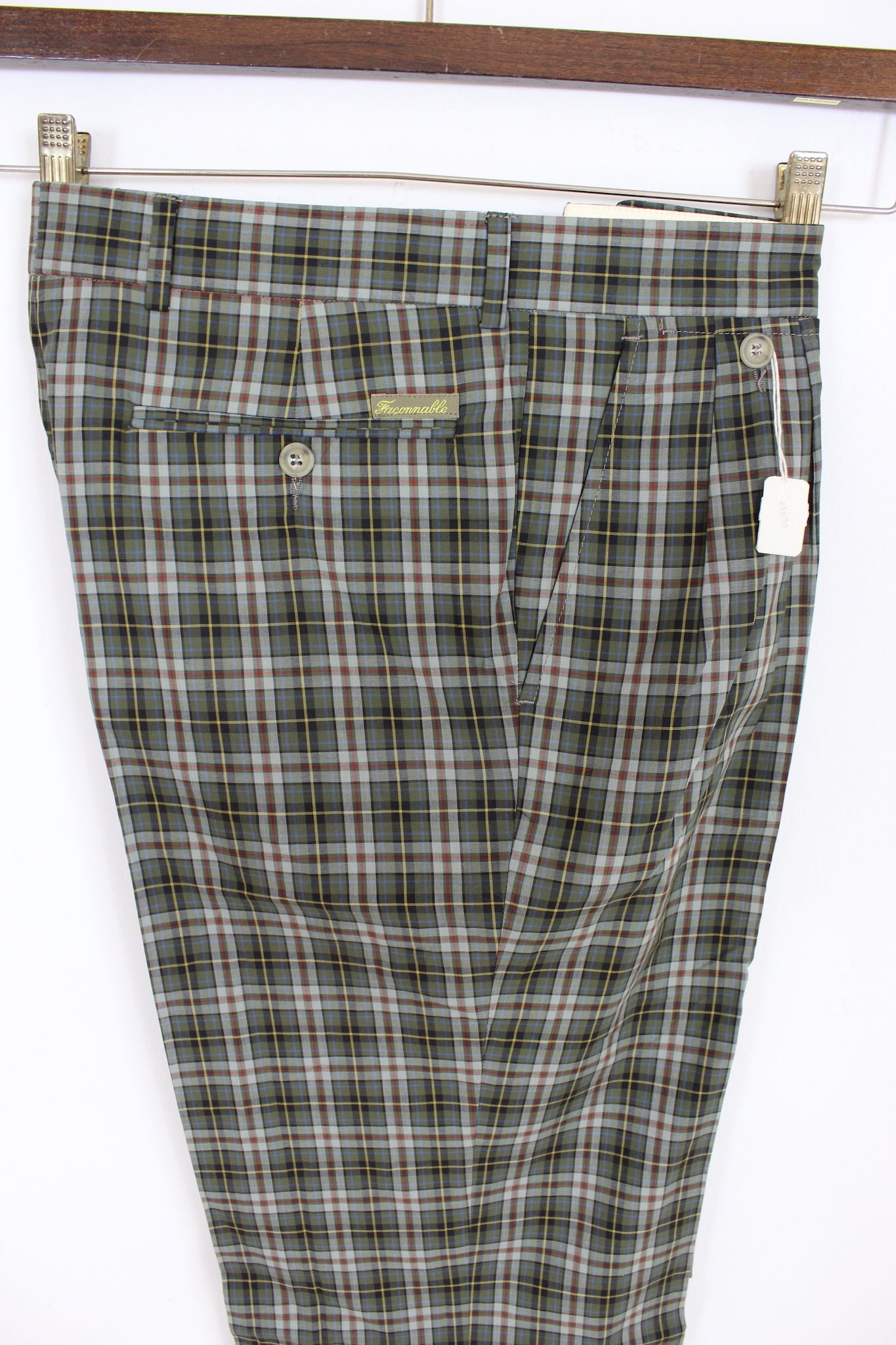Faconnable Pantalone Cotone Verde Grigio Vintage Quadri Anni '90 Tg 42