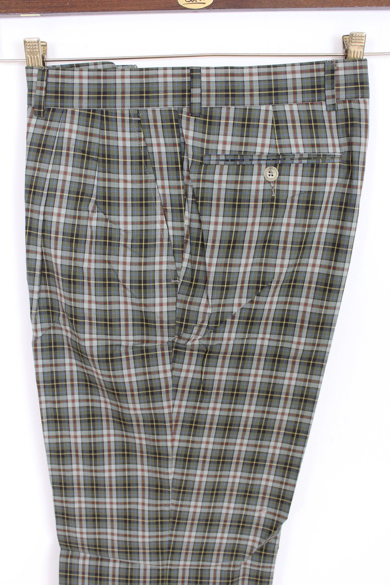Faconnable Pantalone Cotone Verde Grigio Vintage Quadri Anni '90 Tg 42