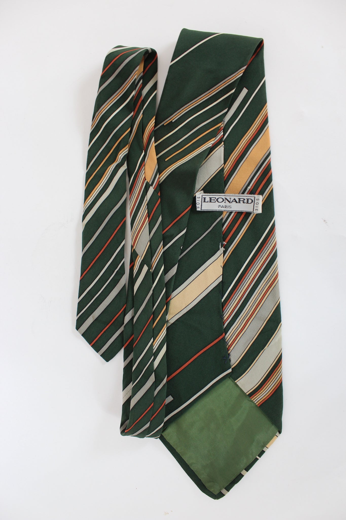 Leonard Cravatta Righe Vintage Seta Verde Beige