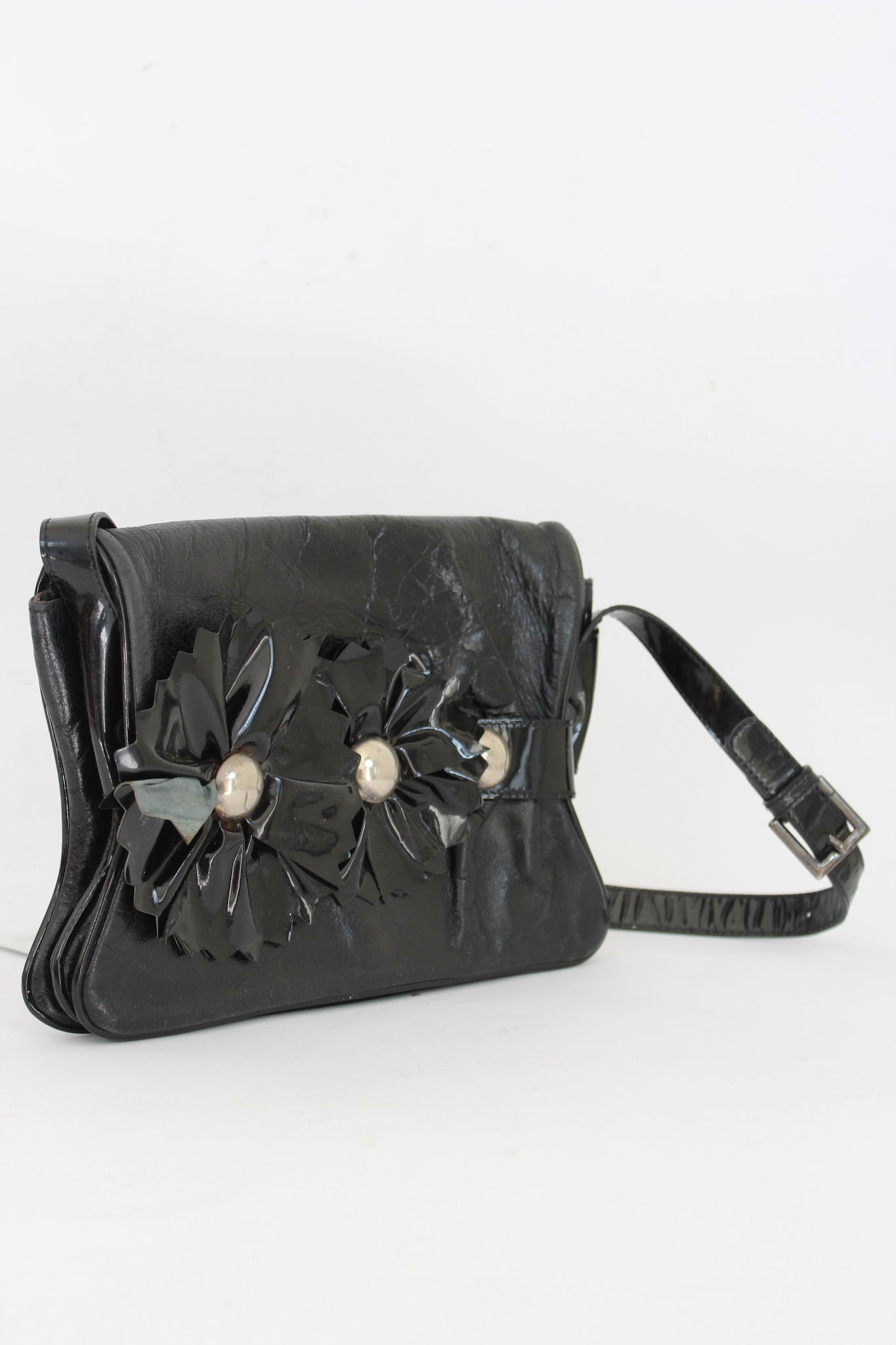Moschino Black Leather Vintage Flower Bag