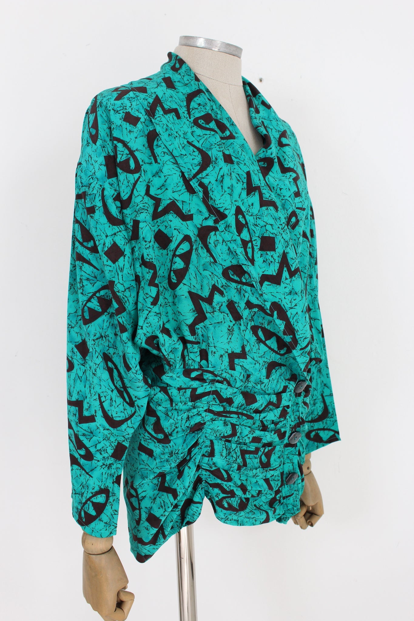 Regina Schrecker Camicia Blusa Vintage Seta Nera Verde Anni 80