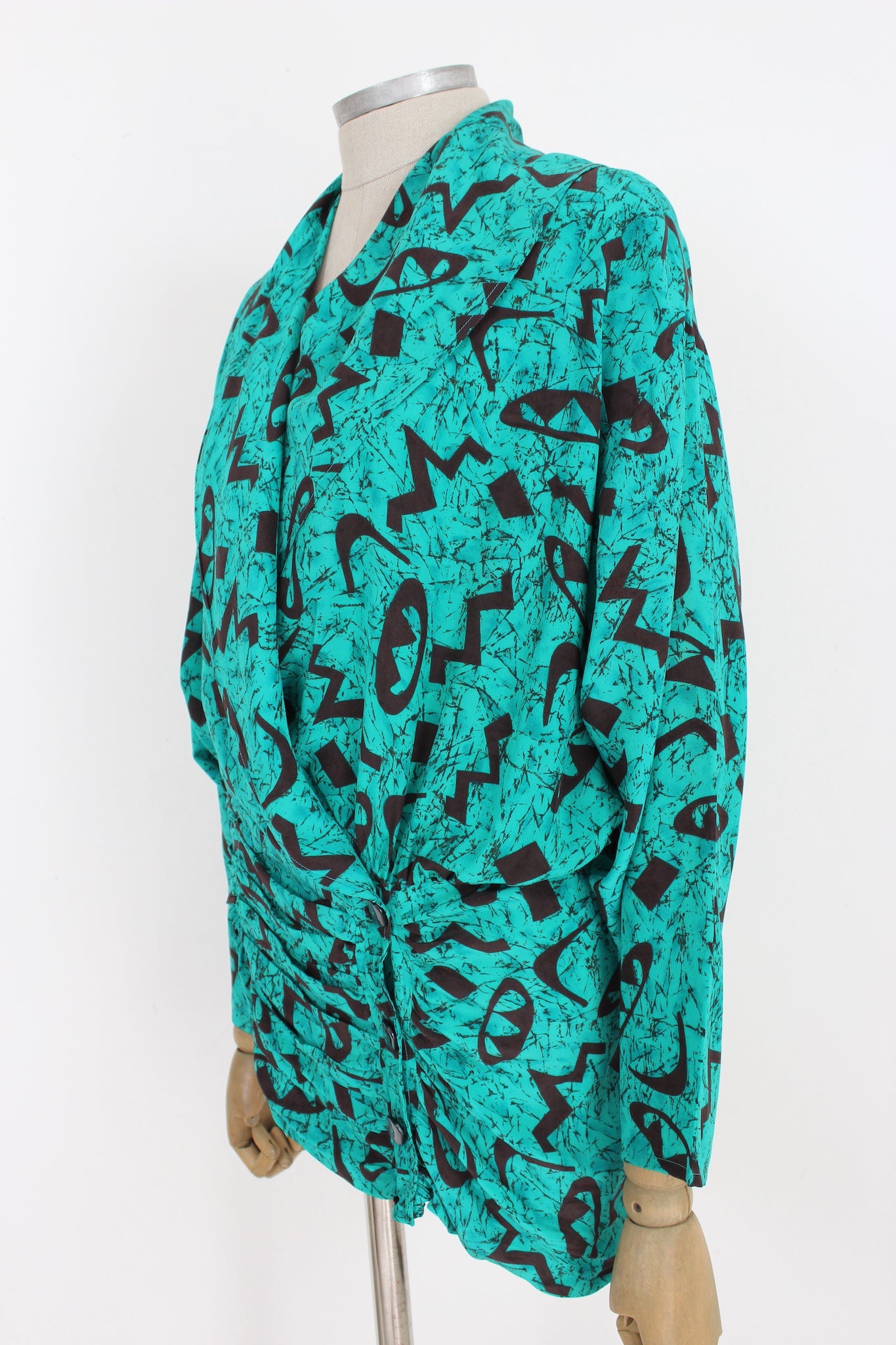 Regina Schrecker Camicia Blusa Vintage Seta Nera Verde Anni 80