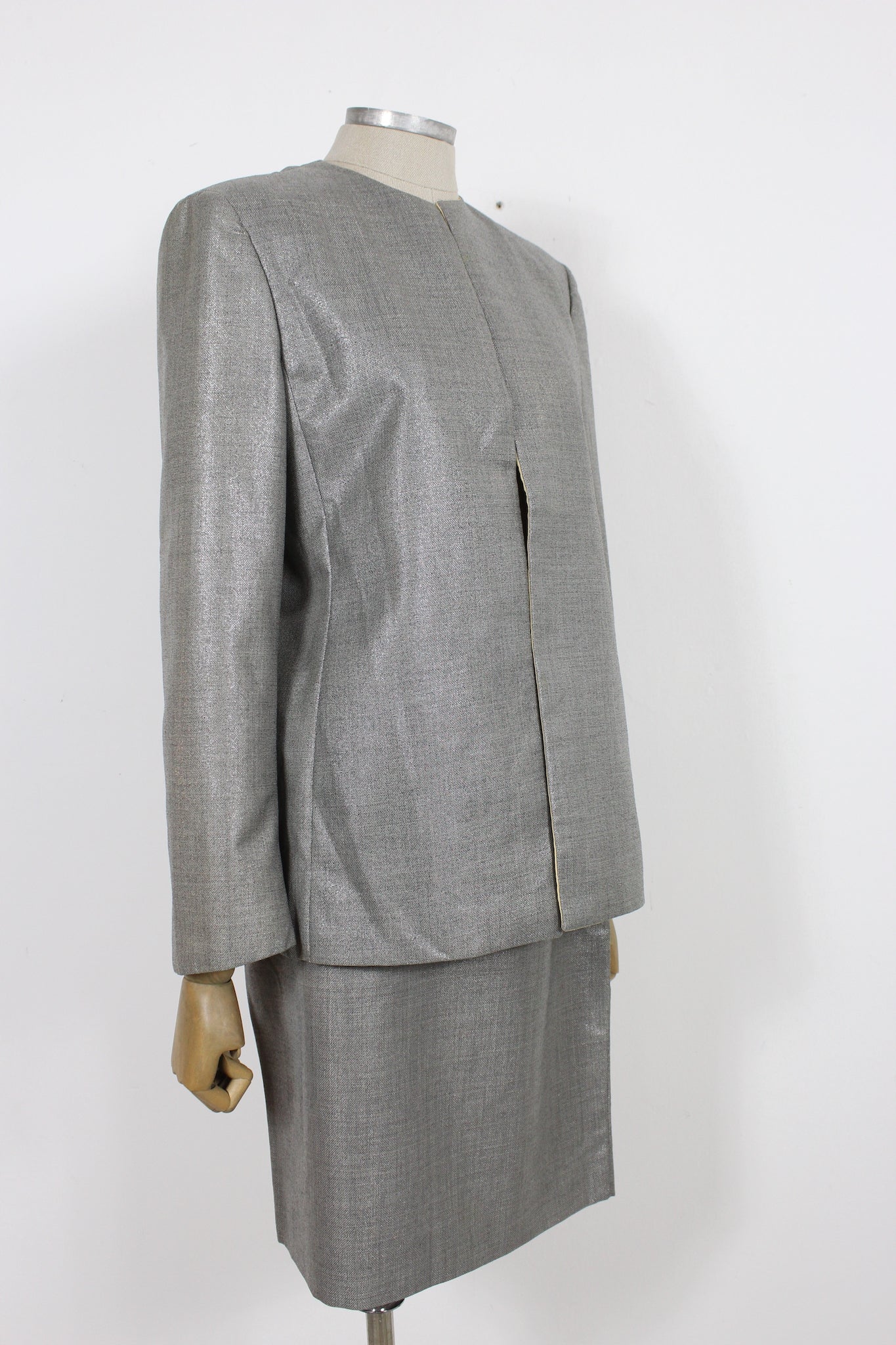 Versace Couture Gray Lamè Wool Skirt Suit Vintage 90s