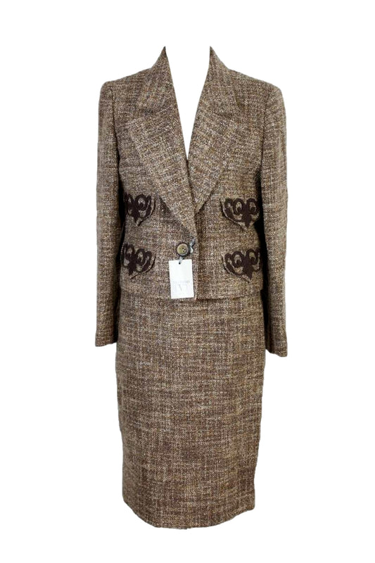 Valentino Vintage Brown Wool Boucle Skirt Suit Dress